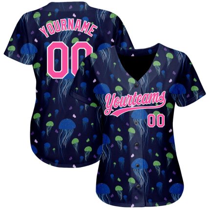 Custom Name and Number Authentic Baseball Jersey - Personalized Navy Pink-White 3D Jellyfish Design Personalized Navy Pink-White