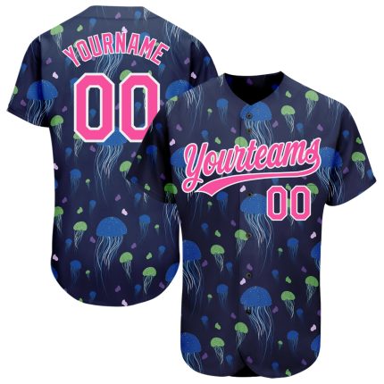 Custom Name and Number Authentic Baseball Jersey - Personalized Navy Pink-White 3D Jellyfish Design Personalized Navy Pink-White