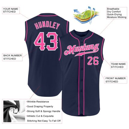 Custom Personalized Baseball Jersey - Navy Pink-White Sleeveless with Team Name & Number Personalized Navy Pink-White Authentic