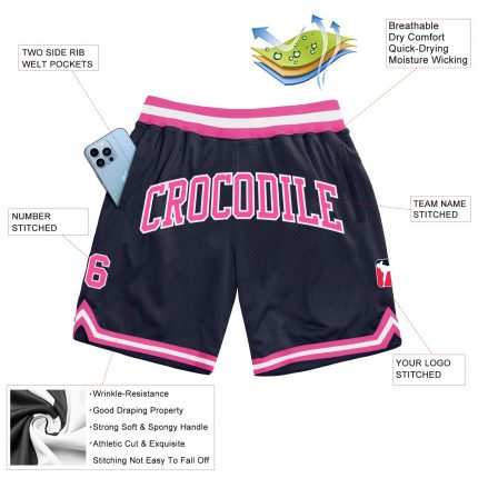 Custom Name and Number Personalized Basketball Shorts - Authentic Navy Pink-White Throwback Design Personalized Navy Pink-White