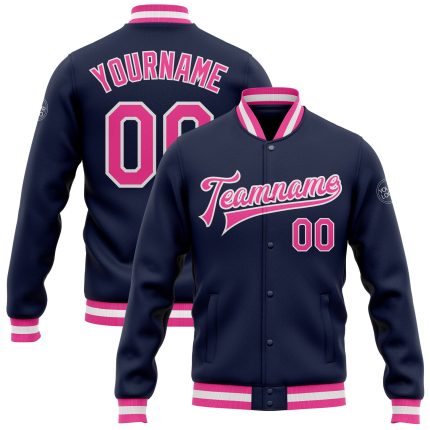 Personalized Varsity Letterman Jacket Navy Pink White Full-Snap Bomber Personalized Navy Pink-White Bomber Full-Snap Varsity