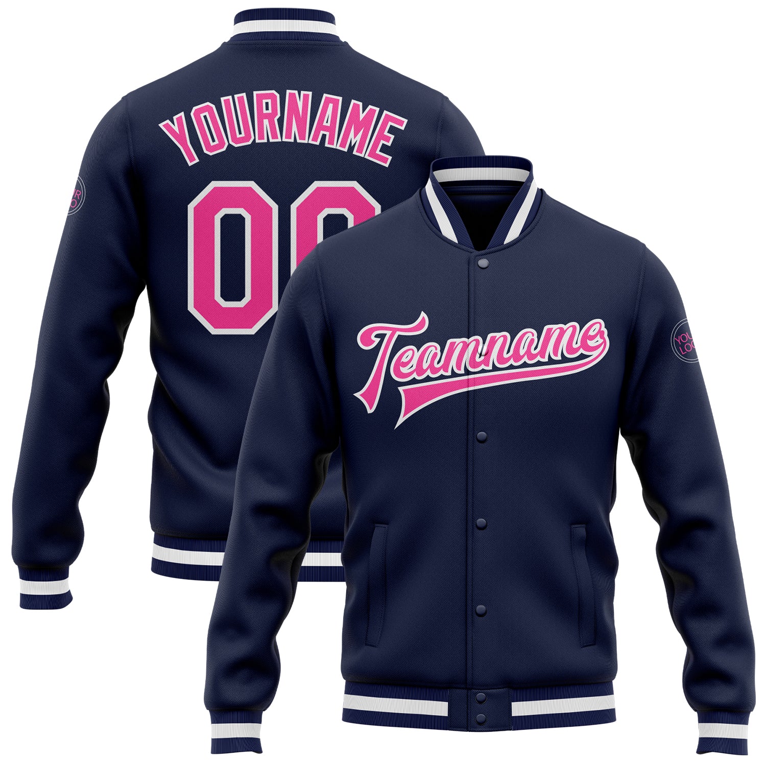 Custom Navy Pink White Varsity Letterman Jacket with Personalized Name and Number - Full-Snap Bomber Style Personalized Navy