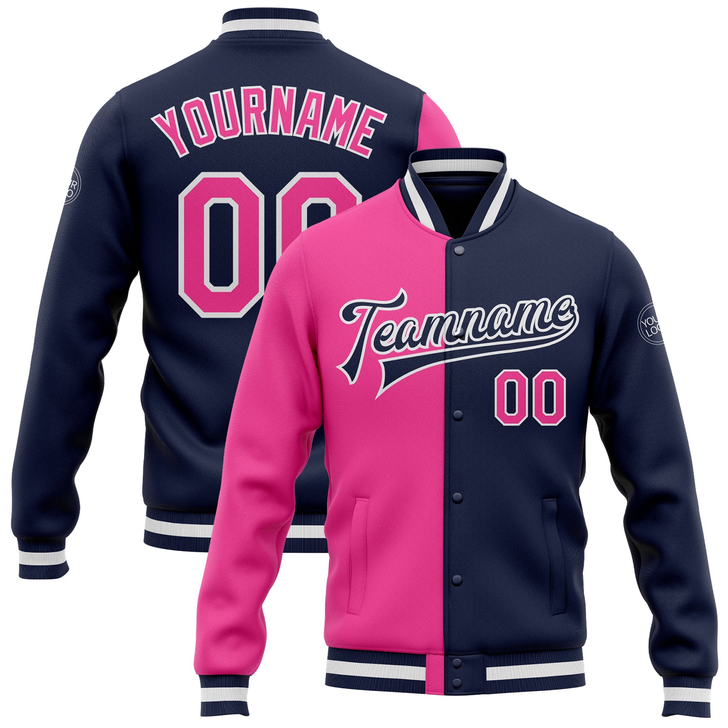 Custom Team Name Number Navy Pink White Bomber Varsity Letterman Split Fashion Jacket Full-Snap Personalized Navy Pink-White