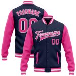Custom Name and Number Varsity Letterman Jacket Navy Pink-White Two Tone Full-Snap Bomber Personalized Navy Pink-White Bomber