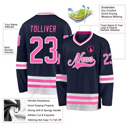Custom Personalized Hockey Jersey with Name and Number - Navy Pink-White Team Gear Personalized Navy Pink-White Hockey Jersey