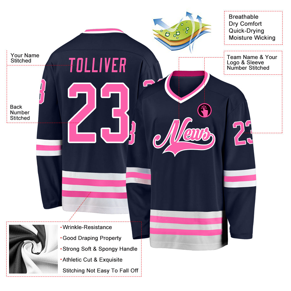 Personalized Navy Pink-White Hockey Jersey Team Custom Name and Number Custom Personalized Hockey Jersey with Name and Number - Navy Pink-White Team Gear Personalized Navy Pink-White Hockey Jersey - Image 2