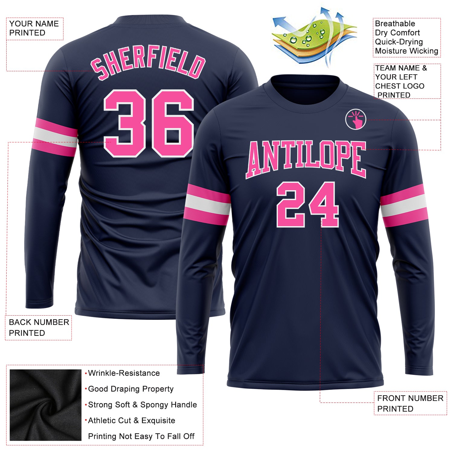 Personalized Navy Pink-White Long Sleeve Performance Salute To Service T-Shirt Team Custom Name and Number Custom Name Number Performance T-Shirt for Salute To Service - Personalized Navy Pink-White Long Sleeve Tee Personalized - Image 3