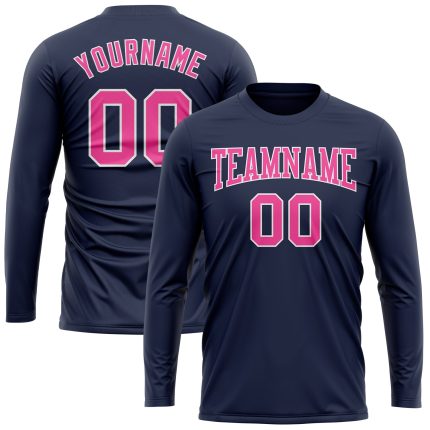 Custom Name Number Performance T-Shirt for Salute To Service - Personalized Navy Pink-White Long Sleeve Tee Personalized