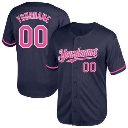 Custom Name and Number Authentic Baseball Jersey in Navy Pink-White Mesh - Personalized Team Jersey Personalized Navy Pink-White
