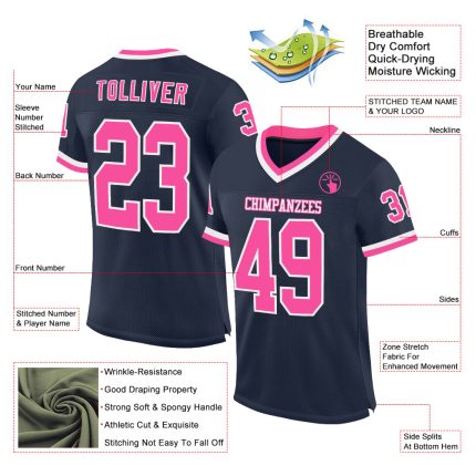 Custom Name and Number Personalized Football Jersey - Navy Pink White Mesh Authentic Throwback Style Personalized Navy Pink-White