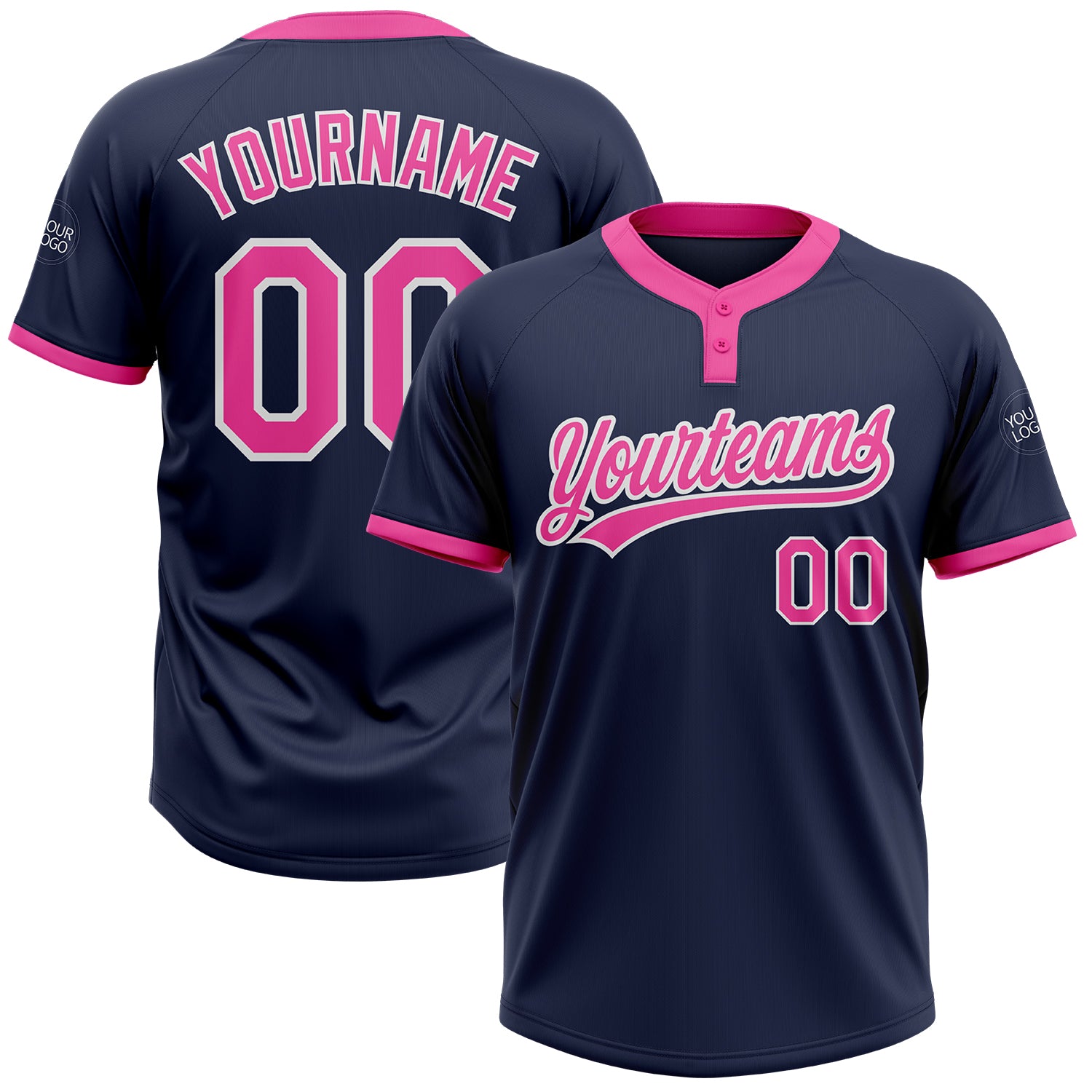 Custom Team Name and Number Unisex Two-Button Softball Jersey in Navy Pink-White Personalized Navy Pink-White Two-Button
