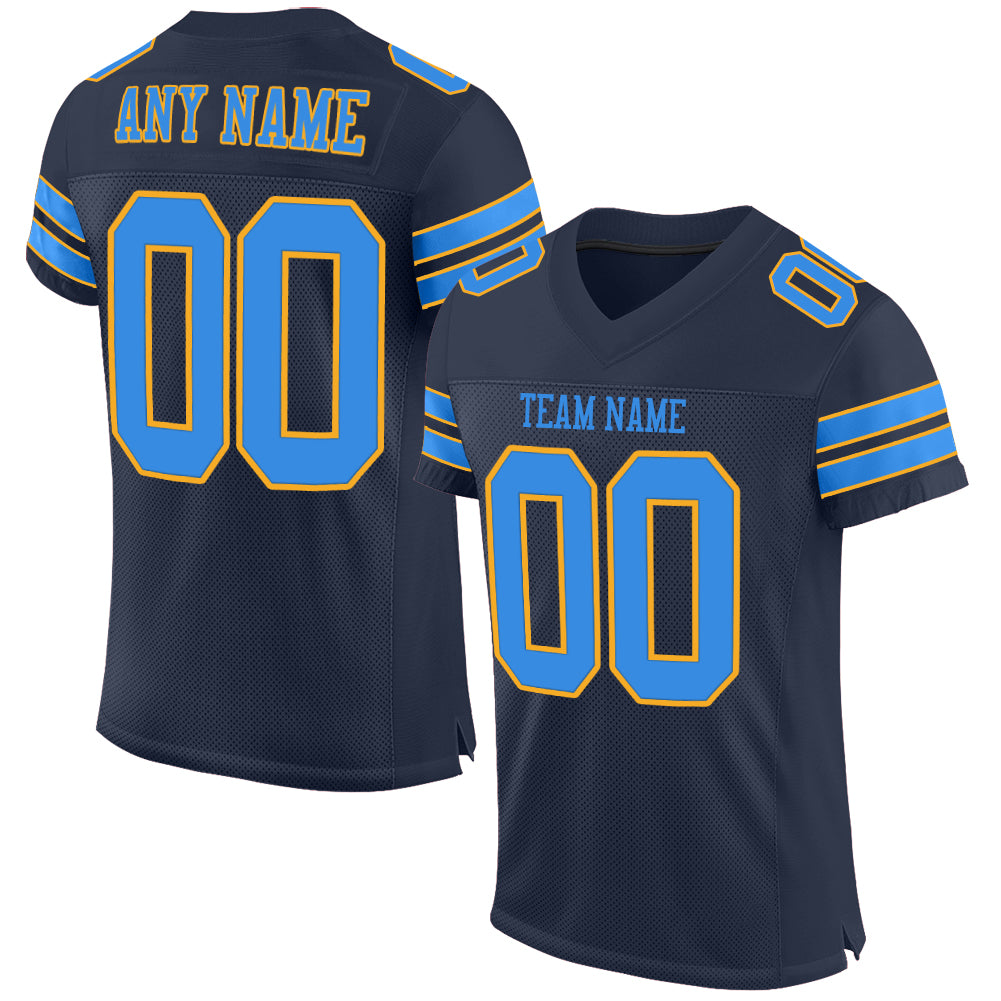 Personalized Authentic Football Jersey in Navy Powder Blue and Gold Mesh Personalized Navy Powder Blue-Gold Mesh Authentic