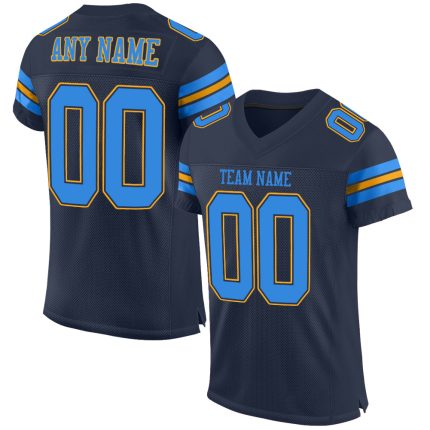 Custom Name and Number Personalized Navy and Powder Blue Gold Football Jersey - Authentic Team Apparel Personalized Navy