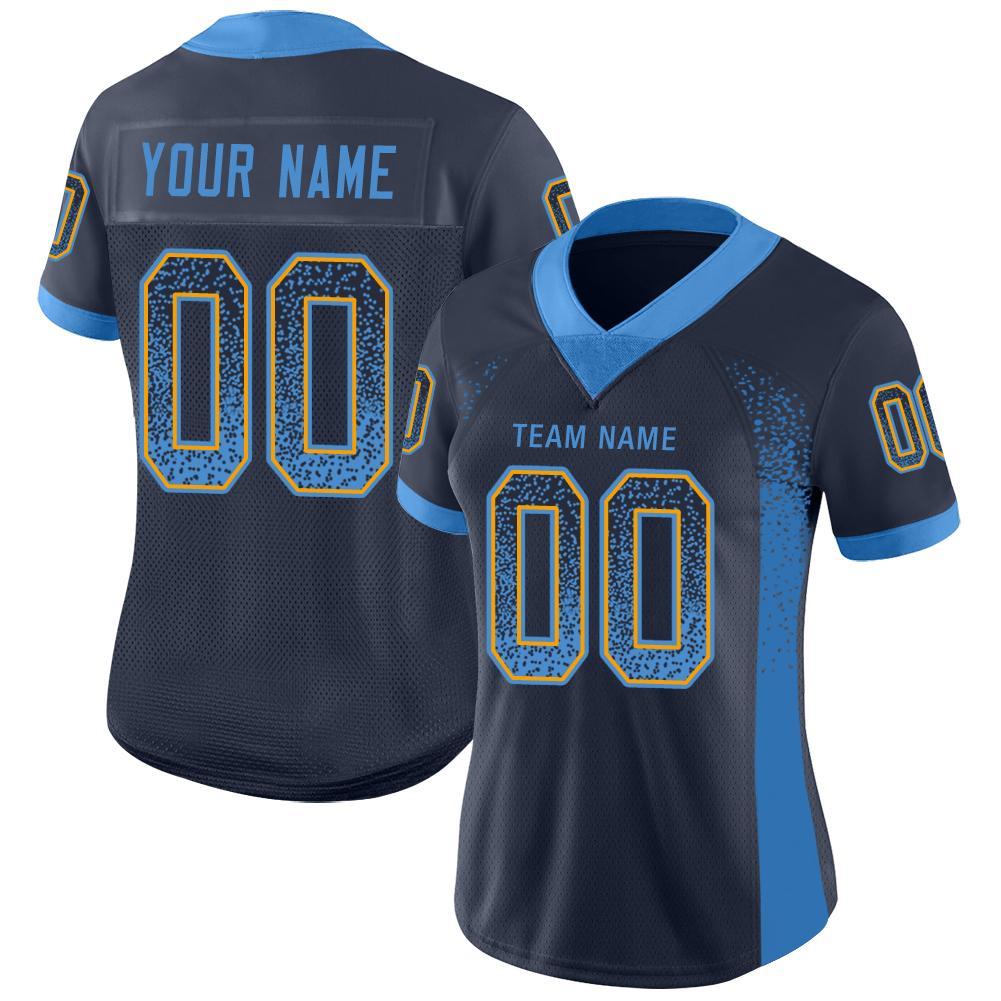 Custom Football Jersey with Personalized Name and Number - Navy Powder Blue Gold Mesh Drift Design Personalized Navy Powder