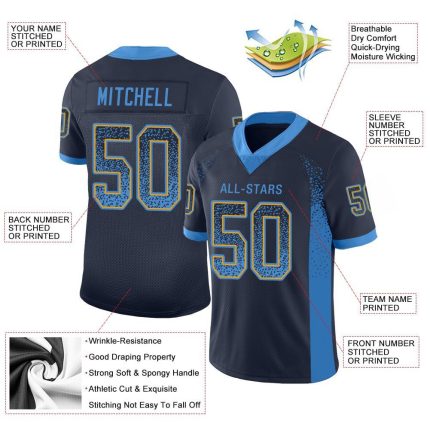 Custom Football Jersey with Personalized Name and Number - Navy Powder Blue Gold Mesh Drift Design Personalized Navy Powder