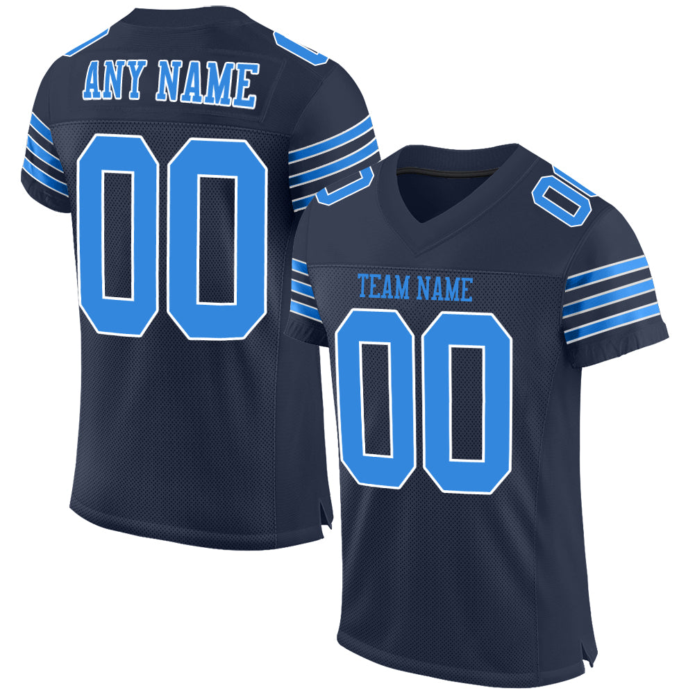 Personalized Navy Powder Blue White Football Jersey - Authentic Mesh Design Personalized Navy Powder Blue-White Mesh Authentic
