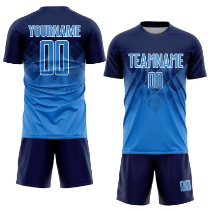 Custom Name Number Navy Powder Blue Sublimation Soccer Jersey - Personalized Team Uniform Personalized Navy Powder Blue-White