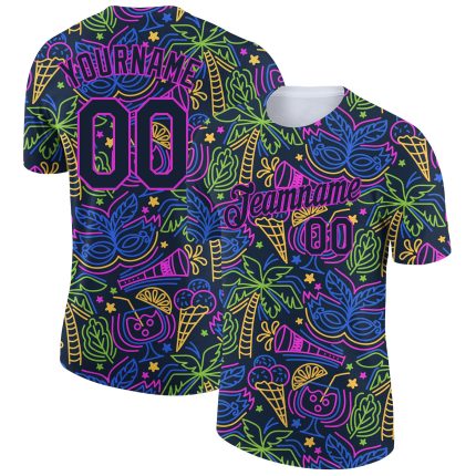 Custom Name and Number Hawaii Summer T-Shirt with 3D Navy Purple Pattern for Holiday Party Performance Personalized Navy