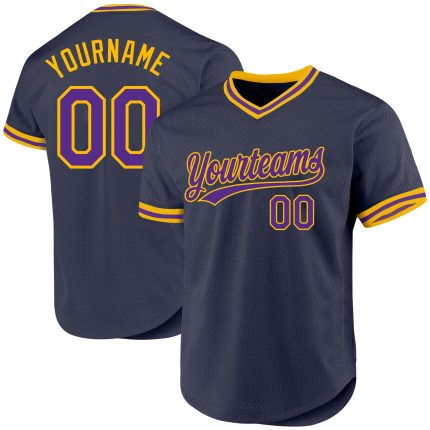Personalized Custom Name & Number Baseball Jersey - Navy Purple-Gold Authentic Throwback Design Personalized Navy Purple-Gold