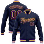 Custom Navy Purple Gold Varsity Letterman Jacket with Personalized Name and Number - Full-Snap Bomber Style Personalized