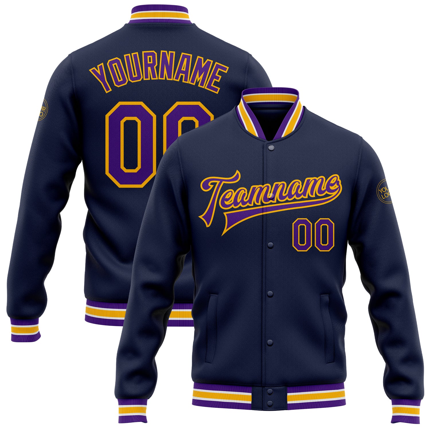 Custom Navy Purple Gold Varsity Letterman Jacket with Personalized Name and Number - Full-Snap Bomber Style Personalized