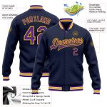 Custom Navy Purple Gold Varsity Letterman Jacket with Personalized Name and Number - Full-Snap Bomber Style Personalized