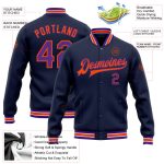 Custom Name Number Navy Purple Orange Varsity Letterman Bomber Jacket Full Snap Personalized Navy Purple-Orange Bomber Full-Snap