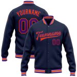 Custom Name Number Navy Purple Orange Varsity Letterman Bomber Jacket Full Snap Personalized Navy Purple-Orange Bomber Full-Snap