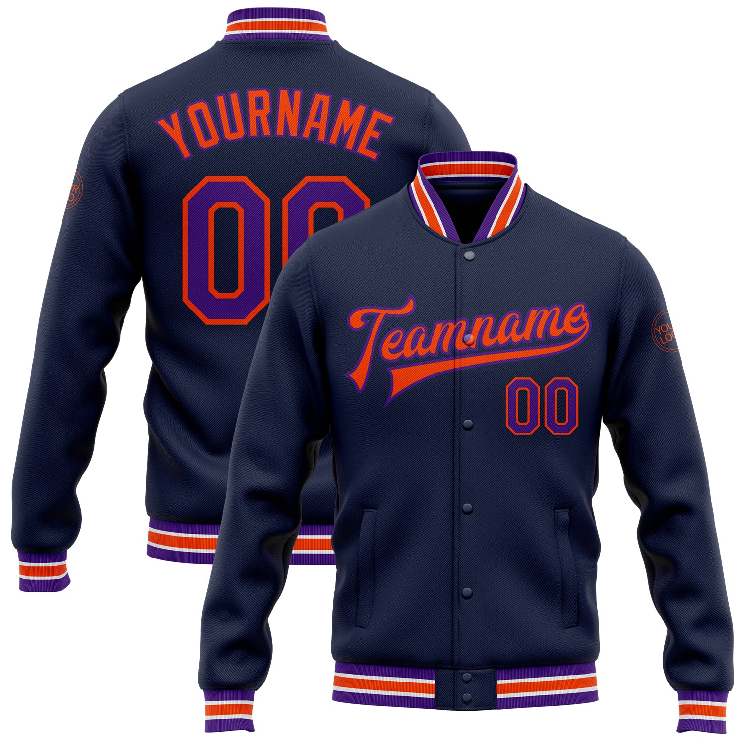 Custom Name Number Navy Purple Orange Varsity Letterman Bomber Jacket Full Snap Personalized Navy Purple-Orange Bomber Full-Snap
