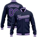 Custom Name Number Varsity Letterman Jacket Personalized Navy Purple White Full-Snap Bomber Personalized Navy Purple-White