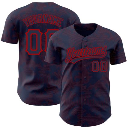 Custom Name and Number Authentic Baseball Jersey - Personalized Navy Red 3D Curve Lines Design Personalized Navy Red 3D Pattern