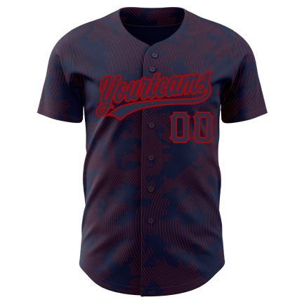 Custom Name and Number Authentic Baseball Jersey - Personalized Navy Red 3D Curve Lines Design Personalized Navy Red 3D Pattern