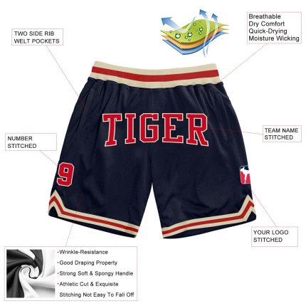 Custom Name Number Basketball Shorts for Men - Personalized Navy Red-Cream Authentic Throwback Design Personalized Navy Red-Cream