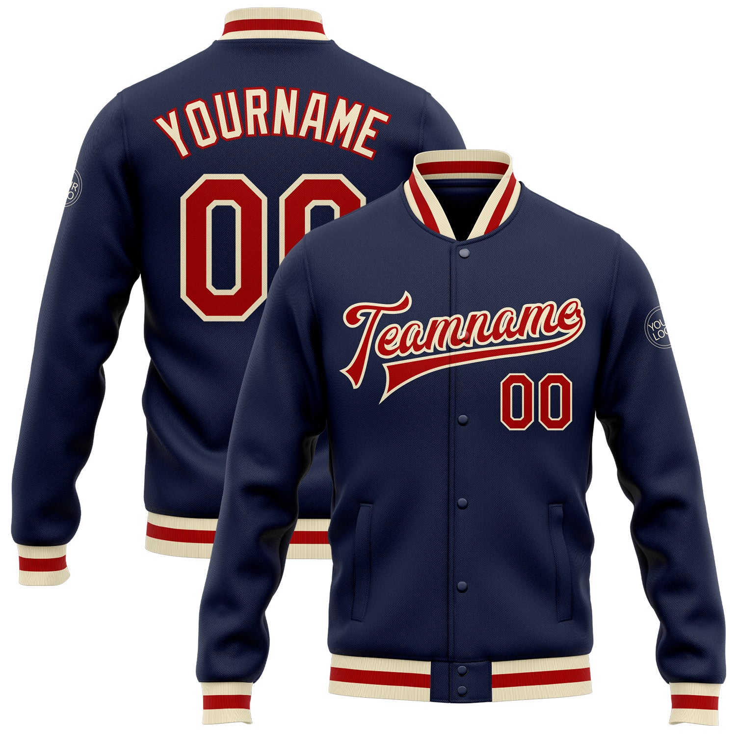 Custom Name Number Varsity Letterman Jacket Personalized Navy Red-Cream Bomber Personalized Navy Red-Cream Bomber Full-Snap