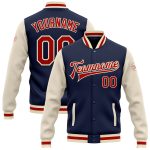 Custom Navy Red-Cream Two Tone Bomber Jacket with Name and Number - Full-Snap Varsity Letterman Style Personalized Navy Red-Cream