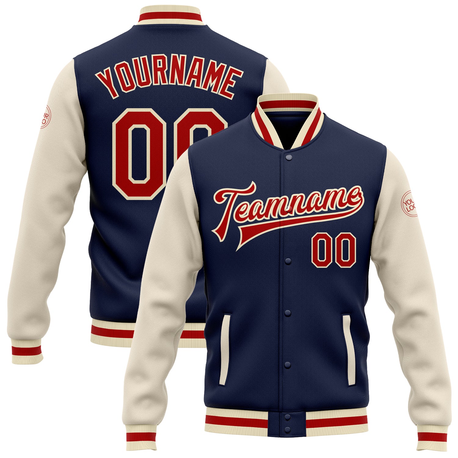 Custom Navy Red-Cream Two Tone Bomber Jacket with Name and Number - Full-Snap Varsity Letterman Style Personalized Navy Red-Cream
