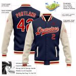 Custom Navy Red-Cream Two Tone Bomber Jacket with Name and Number - Full-Snap Varsity Letterman Style Personalized Navy Red-Cream
