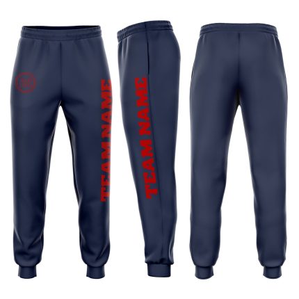 Custom Team Name Number Navy Red Fleece Jogger Sweatpants - Personalized Athletic Apparel Personalized Navy Red Fleece Jogger