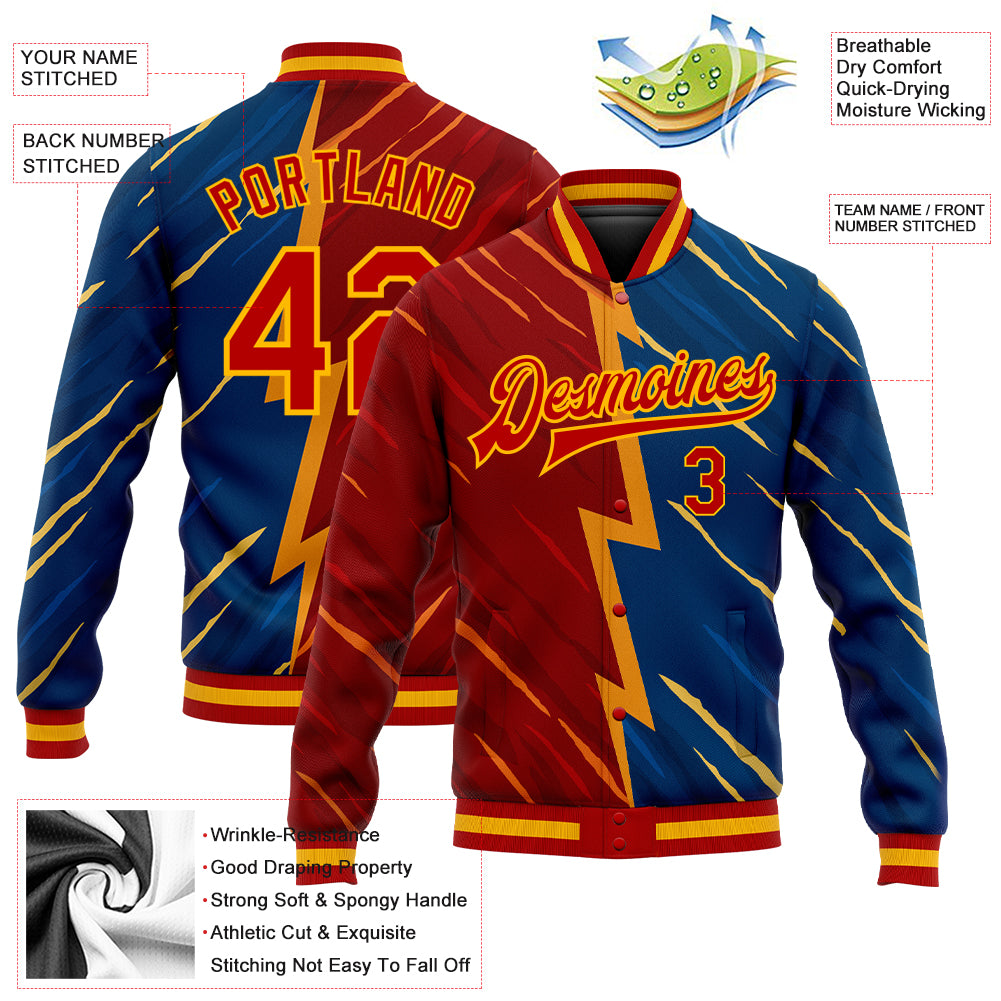 Personalized Navy Red-Gold 3D Pattern Design Bomber Full-Snap Varsity Letterman Jacket Team Custom Name and Number Custom Name and Number Personalized Letterman Jacket with Navy Red-Gold 3D Pattern Design - Bomber Full-Snap Varsity Jacket - Image 3
