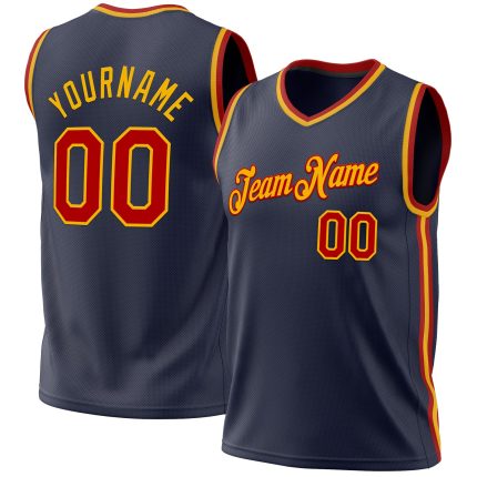 Personalized Authentic Throwback Basketball Jersey - Navy Red Gold Design Personalized Navy Red-Gold Authentic Throwback