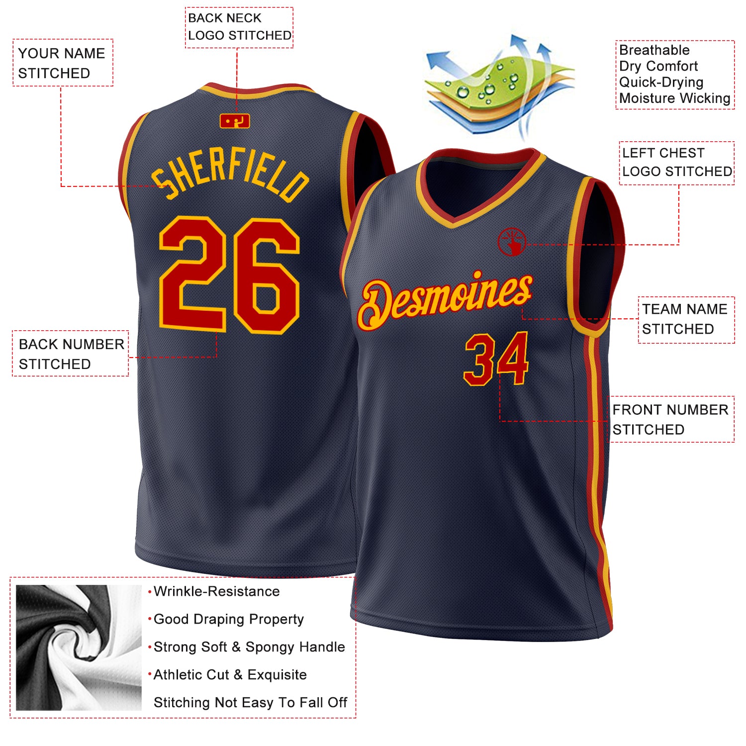 Personalized Navy Red-Gold Authentic Throwback Basketball Jersey Personalized Authentic Throwback Basketball Jersey - Navy Red Gold Design Personalized Navy Red-Gold Authentic Throwback - Image 3