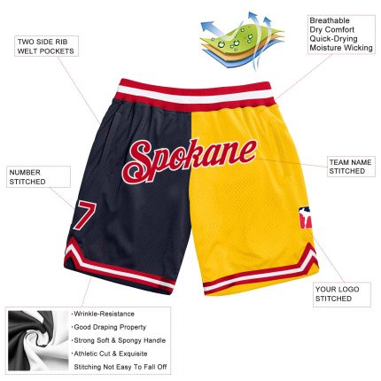 Custom Name & Number Personalized Basketball Shorts - Navy & Red-Gold Authentic Throwback Split Fashion Personalized Navy
