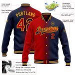 Custom Name and Number Personalized Navy Red Gold Bomber Jacket Gradient Full-Snap Varsity Letterman Fashion Jacket Personalized