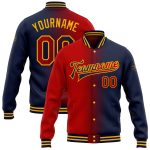 Custom Name and Number Personalized Navy Red Gold Bomber Jacket Gradient Full-Snap Varsity Letterman Fashion Jacket Personalized
