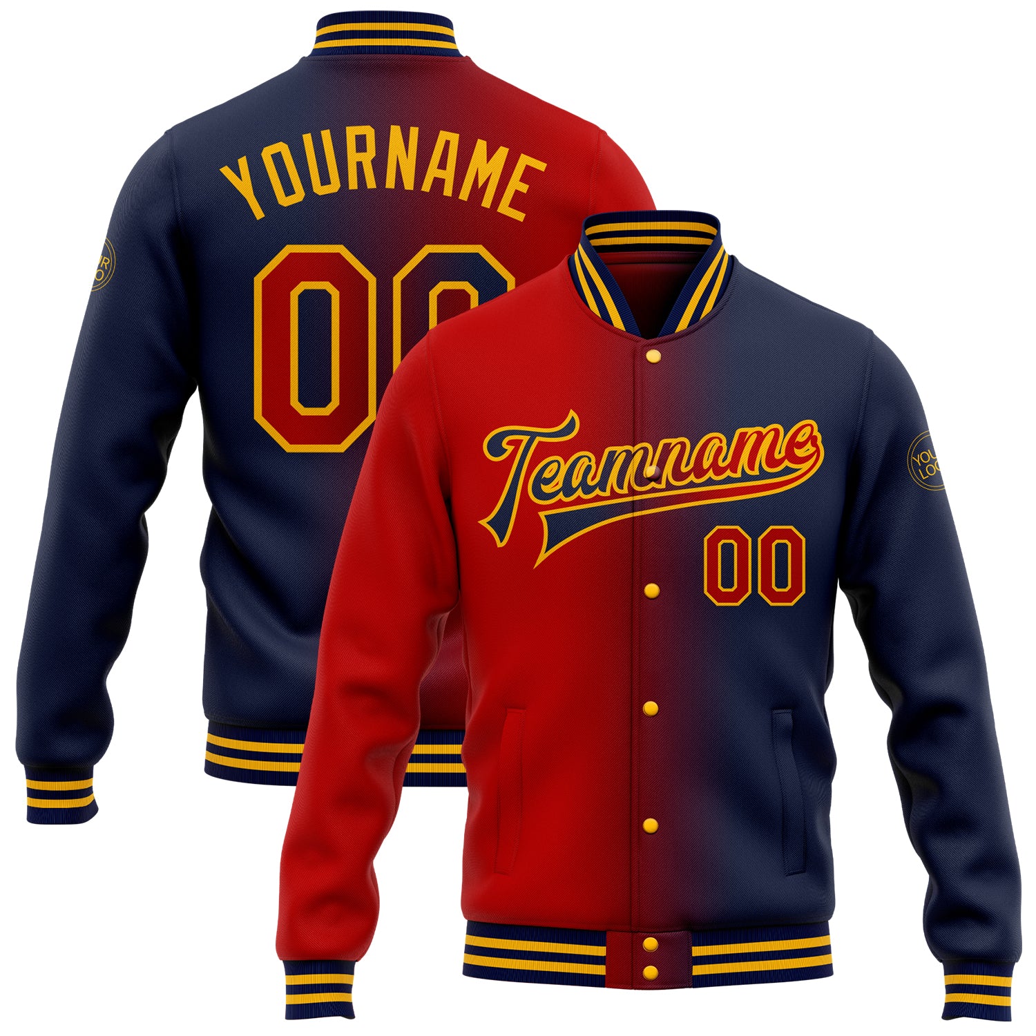 Custom Name and Number Personalized Navy Red Gold Bomber Jacket Gradient Full-Snap Varsity Letterman Fashion Jacket Personalized