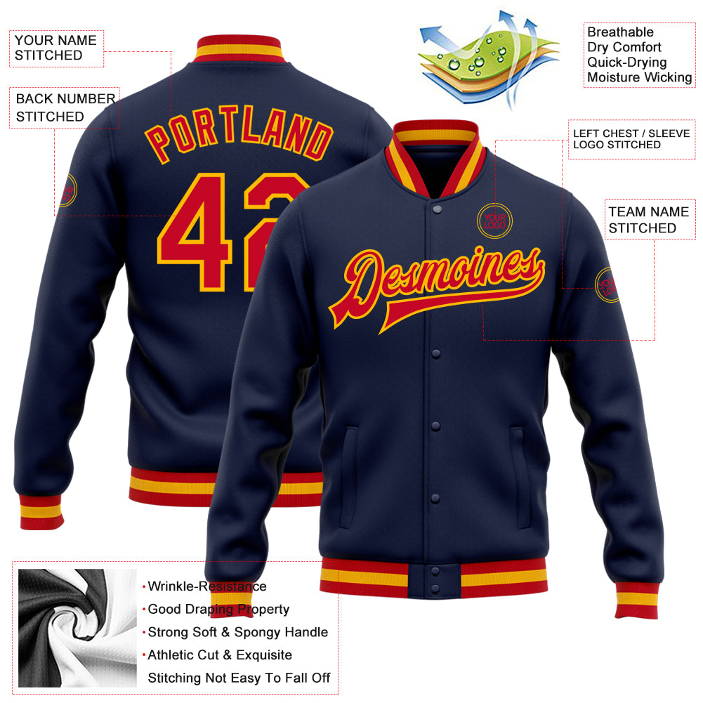 Personalized Navy Red-Gold Bomber Full-Snap Varsity Letterman Jacket Team Custom Name and Number Custom Name Number Navy Red Gold Varsity Letterman Bomber Jacket - Personalized Full-Snap Team Jacket Personalized Navy Red-Gold - Image 3