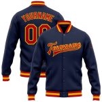 Custom Name Number Navy Red Gold Varsity Letterman Bomber Jacket - Personalized Full-Snap Team Jacket Personalized Navy Red-Gold