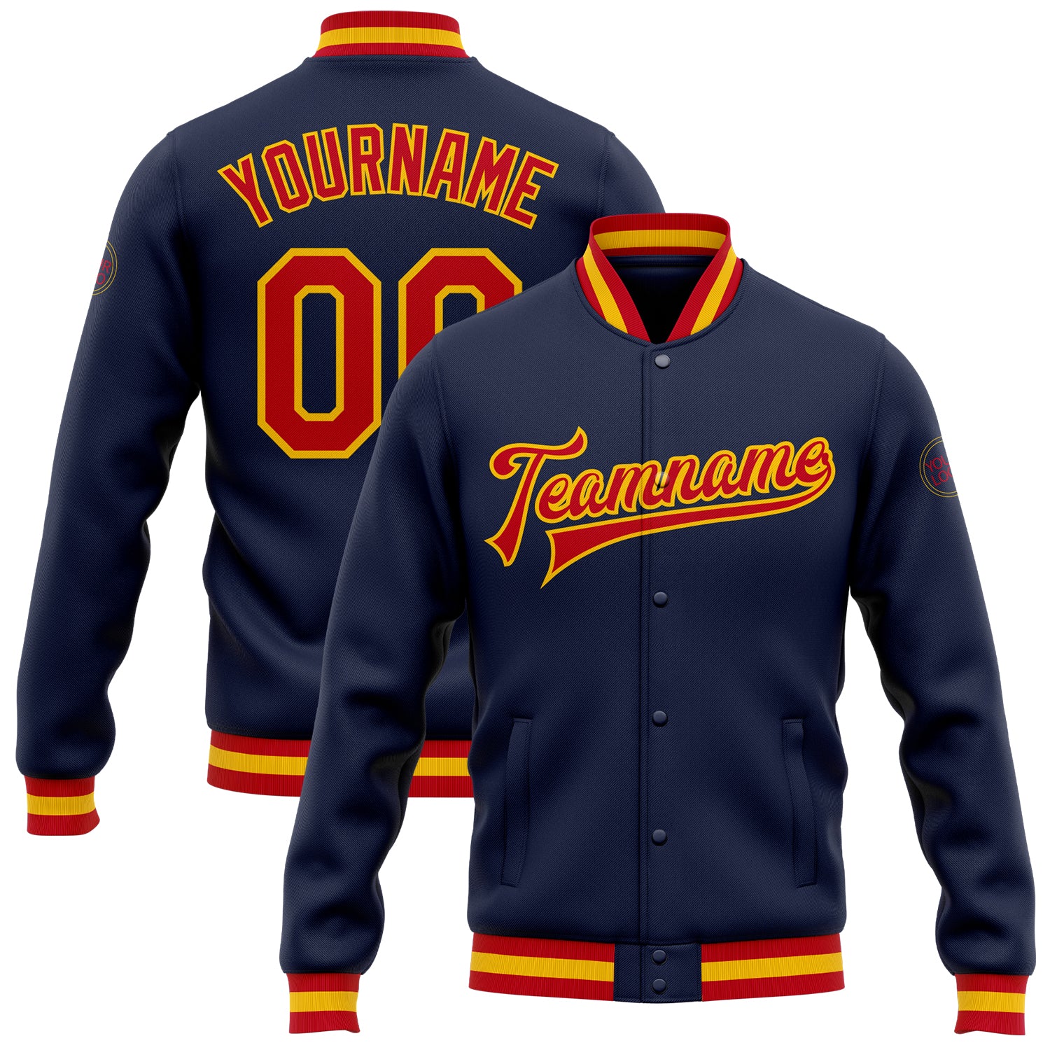 Custom Name Number Navy Red Gold Varsity Letterman Bomber Jacket - Personalized Full-Snap Team Jacket Personalized Navy Red-Gold