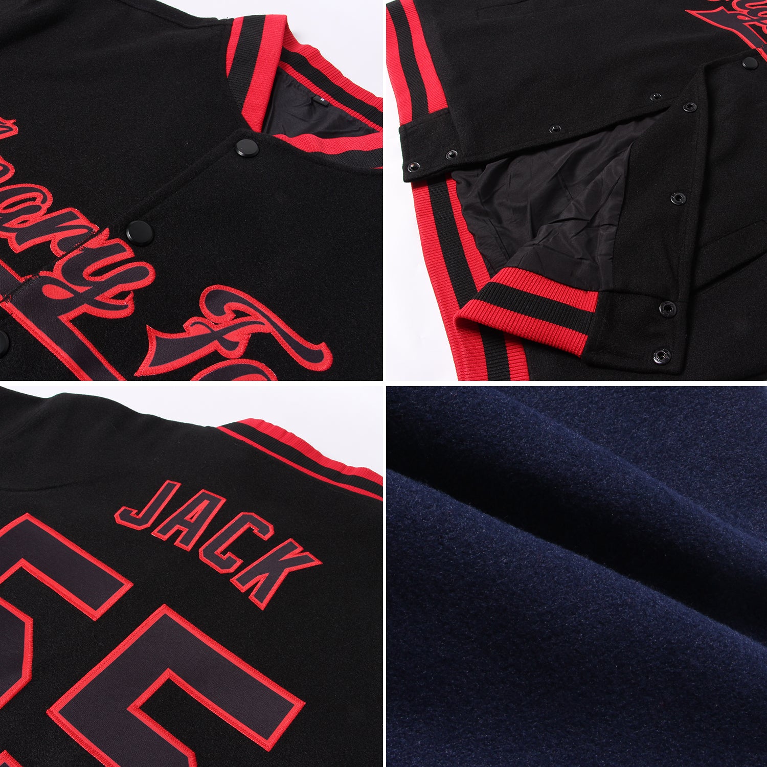 Personalized Navy Red-Gold Bomber Full-Snap Varsity Letterman Jacket Team Custom Name and Number Custom Name Number Navy Red Gold Varsity Letterman Bomber Jacket - Personalized Full-Snap Team Jacket Personalized Navy Red-Gold - Image 2