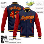 Custom Team Name Number Two Tone Navy Red Gold Bomber Varsity Letterman Full Snap Jacket Personalized Navy Red-Gold Bomber